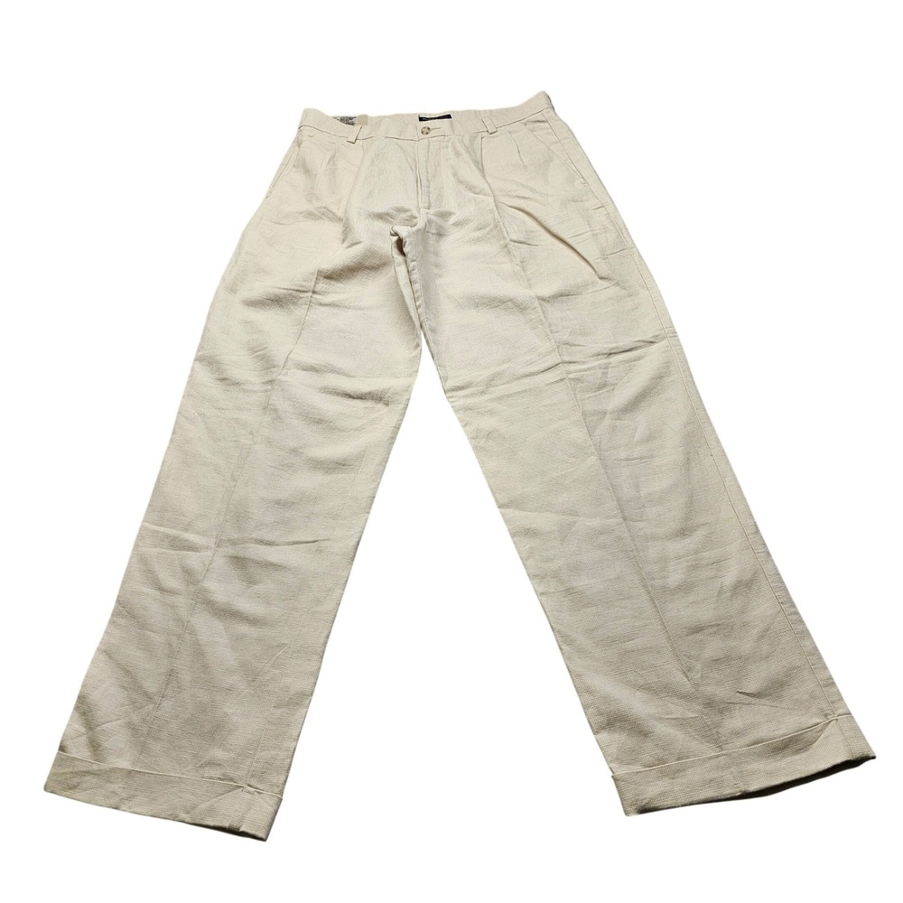 Dockers Premium Presidio Linen Blend Pants Mens 33x32 Beige Pleated Cuffed New